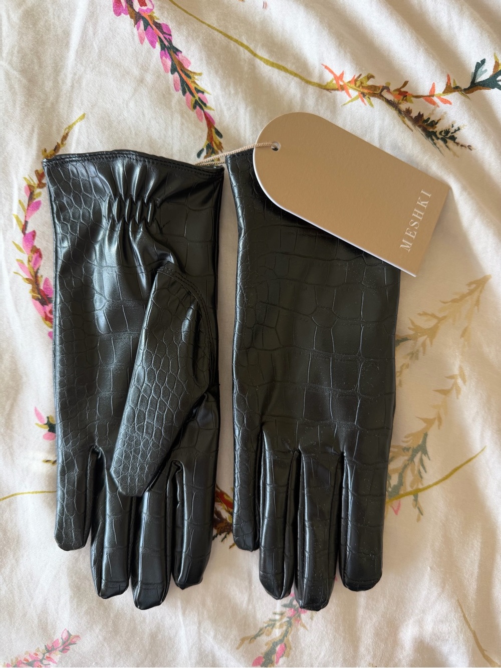 Meshki Black Croc-Embossed Leather Gloves